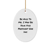 Funny Vice President Oval Ornament Gifts from Friends for Coworkers, Christmas Unique Ornaments, 'Be Nice To Me. I May Be Your Vice President One Day.' - Image 1